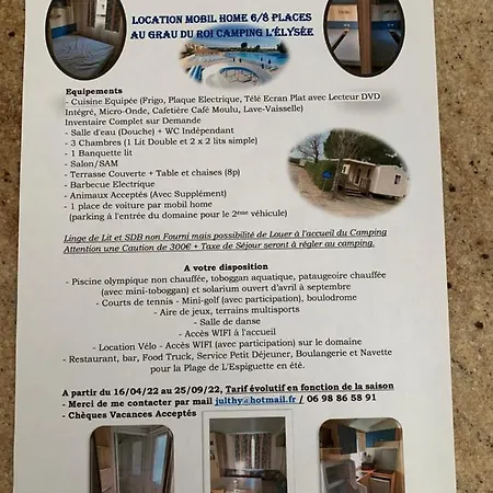 Mobil 6 8 Places Climatise Et Terrasse Camping L'elysee Sauveur Mh Campsite Le Grau-du-Roi